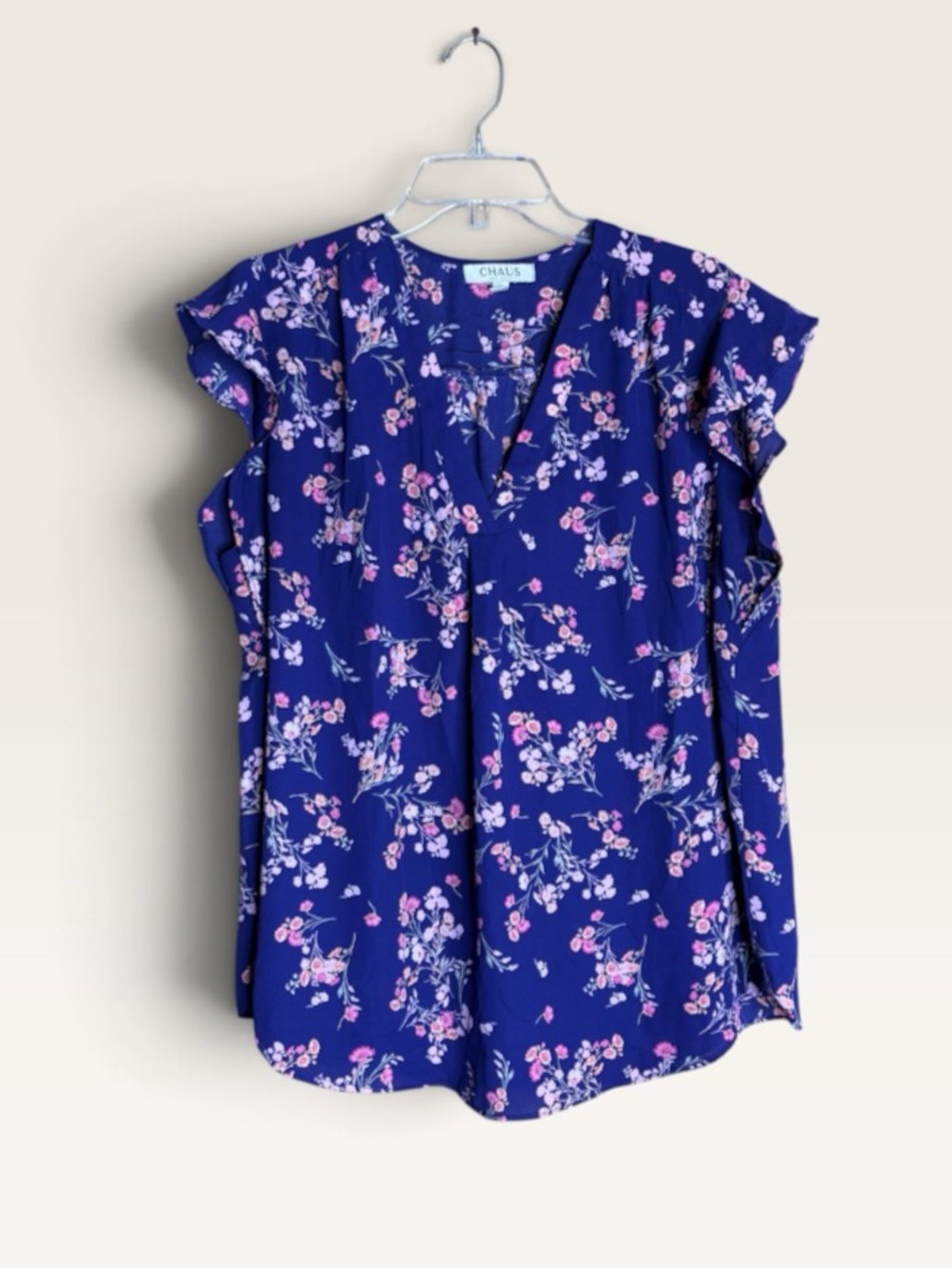 CHAUS New York Large Purple Pink Floral Flutter Sleeve Blouse Split Neck